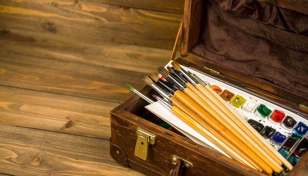 Wooden art box with paintbrushes and watercolor paints