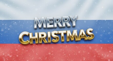 Festive merry christmas wishes on russian flag background with snow and holiday cheer