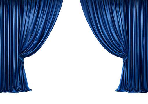 Blue stage curtains parted isolated on a transparent background