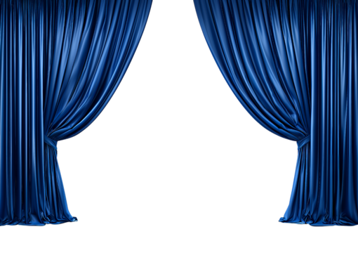Blue stage curtains parted isolated on a transparent background