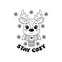cute cartoon reindeer with scarf and snowflakes ? stay cozy winter vector.eps