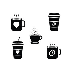 coffee cup and mug icons with steam heart and bean symbols vector set.eps