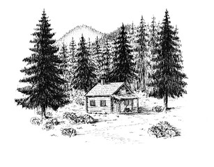 Mountain Cabin in the Pine Forest – Ink Drawing
