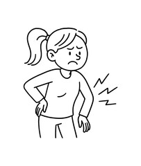 Obraz premium Doodle line comic style vector illustration white girl with pony tail back pain holding lower back black outline simple imperfect lines minimal details isolated on white