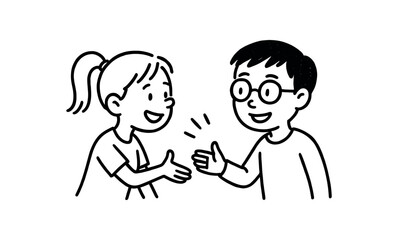 Doodle line comic style vector illustration white girl with pony tail meeting partner Asian boy with round glasses black outline simple imperfect lines minimal details isolated on white