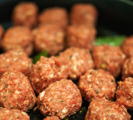 Raw meat balls in the pan. Beef meat balls