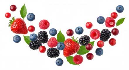Red strawberry blue blueberry black blackberry red raspberry red cranberry green leaf isolated on a transparent background