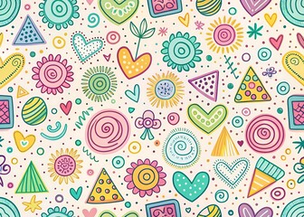 Whimsical hand drawn doodle pattern with hearts stars flowers and geometric shapes in bright colors