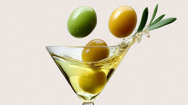 Green and yellow olives splashing into a martini glass filled with olive oil, garnished with an olive branch, creating a vibrant and refreshing culinary scene with dynamic movement