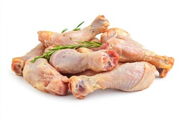 Chicken drumsticks arranged with sprigs of rosemary on solid white background. Raw and uncooked, highlighting freshness and preparation potential. Neural network AI generated