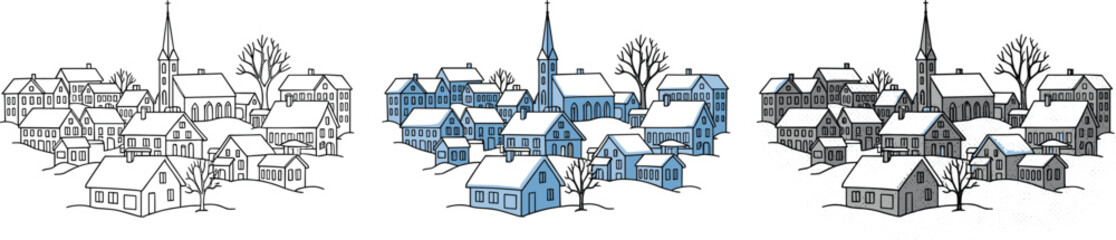 Snowy European Village Outline Vector Set: Winter Town Landscape with Church Spire Line Art Illustration