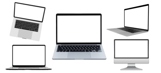 Variety of Modern Laptops and Desktop Computer Display Isolated on Transparent Background Mockup Technology Devices