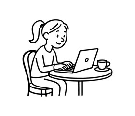 Doodle line comic style vector illustration white girl with pony tail working on laptop cafe black outline simple imperfect lines minimal details isolated on white