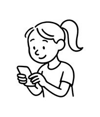 Doodle line comic style vector illustration white girl with pony tail typing on smartphone black outline simple imperfect lines minimal details isolated on white