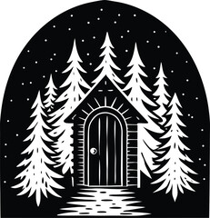 Vector illustration of a church and decorated Christmas tree in a snowy winter forest landscape
