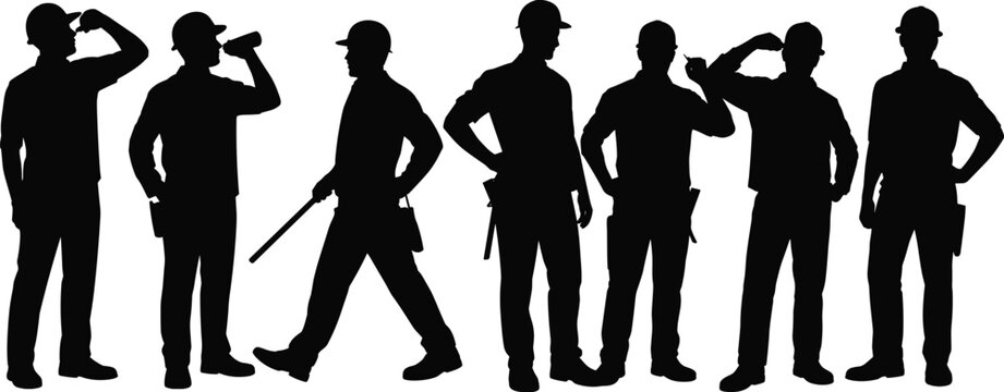 Construction workers silhouette, safety gear, industrial labor, hard hats, occupational poses, engineering team, infrastructure crew, worksite diversity, building professionals, tools - Powered by Adobe