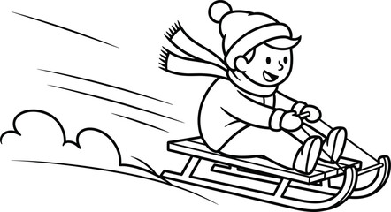 Happy Child Sledding Down Snow Hill Outline Vector: Kid Riding Sleigh Winter Fun Line Art Illustration