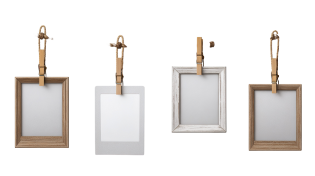 Five instant photos hanging on a rope on a transparent white background - Powered by Adobe