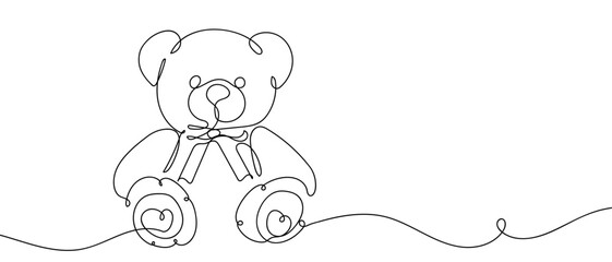 A cute teddy bear with a bow tied around its neck, one continuous line. Digital single line sketch drawing vector illustration edited strokes.
