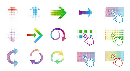 Set of colorful pixelated arrow and touch icons simple vector design elements for user interface and graphic design isolated on wh
