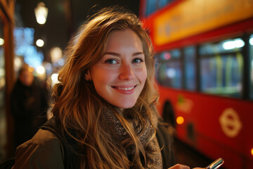 Obraz premium Woman happily using smartphone near a city bus during evening hours