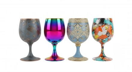 Four ornate decorative goblets with unique artistic finishes isolated on a transparent background glass