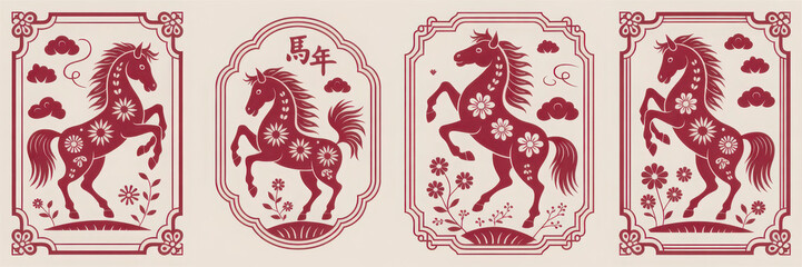 Set of 2026 Chinese New Year Paper Cut Style Horse Illustrations for Cover,Card, Poster, Banner, Flyer Templates,word meaning Happy Year of the Horse
