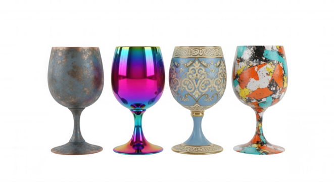 Four ornate decorative goblets with unique artistic finishes isolated on a transparent background glass