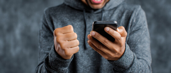 Person in gray hoodie clutches phone with emotional reaction of success