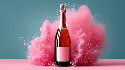 Sparkling wine bottle with blank label surrounded by vibrant pink powder explosion on pastel background, creating a festive atmosphere perfect for celebrations and special occasions