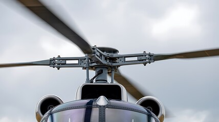 Close-up of a helicopter's rotor and cockpit with spinning blades against a cloudy sky aviation aircraft