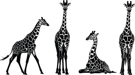 Collection of Giraffe animal silhouettes with patterned texture, featuring long necks in standing, walking, and sitting poses, symbolizing African safari wildlife.