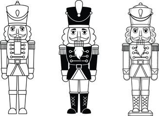 Set of Nutcracker Soldier Outline Vector Icons: Christmas Toy Figure Line Art, Silhouette, and Detailed Sketch