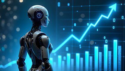 Futuristic robot observing a financial growth chart with an upward trend