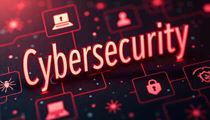 Cybersecurity concept with glowing text and digital icons on a dark background