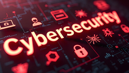Cybersecurity concept with glowing text and digital icons on a dark background