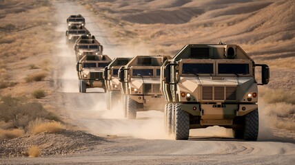 Convoy of tan military trucks driving on a dusty dirt road in a desert canyon military vehicles army trucks