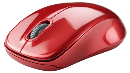 Wireless red mouse displayed on a plain white surface