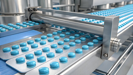 Drug manufacturing process. Conveyor with medical tablets blisters line at modern pharmaceutical plant. Pharmacology production, medicine industry. Laboratory, factory, pharmacy. Healthcare, pharma 3D