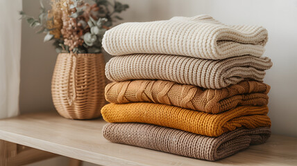 Cozy stack of knitted sweaters in warm earth tones