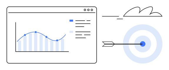 Graph in analytics dashboard highlights rising trends, paired with arrow hitting a bullseye target. Ideal for business, strategy, planning, accuracy, success, marketing growth. Simple flat metaphor