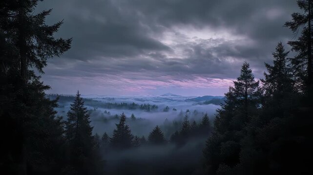 Forest view with clouds and low fog, dark trees outline the beautiful skyline