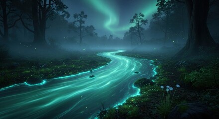 Mystical Emerald River Flowing Through Enchanted Forest Under Aurora Borealis.