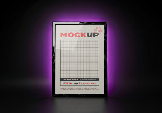 Stand Vertical Frame Mockup Black Frame Purple Back Light