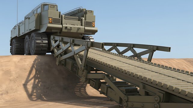 Military bridge laying vehicle with extended bridge over sandy terrain truck