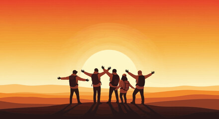 Fototapeta premium Group Of Hikers Celebrating The Sunset After Reaching Mountain Peak Destination