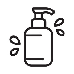 Simple line art icon of a pump bottle with liquid splashes