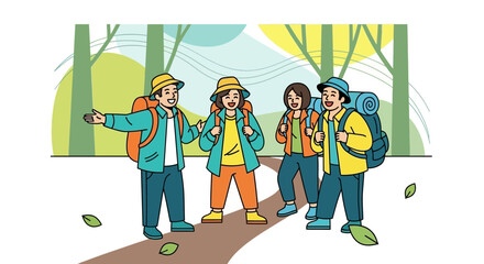 Group Of Adventurous People Hiking Together On Scenic Forest Trail Outdoors