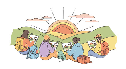 Group Of Artists Sketching Landscapes During A Stunning Sunset Scene Outdoors