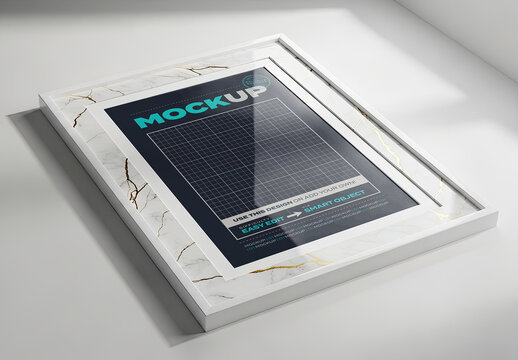 Vertical Photo Poster Mockup with Glass and Marble Frame Lying Portrait